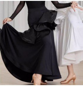 Women black ruffles ballroom dance skirts tango flmanco ballroom waltz dancing long swing skirt for female